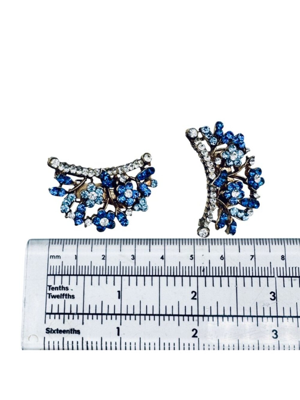 Vintage DeMario Blue Glass Floral Earrings Clip Climber Forget Me Not - Picture 9 of 9